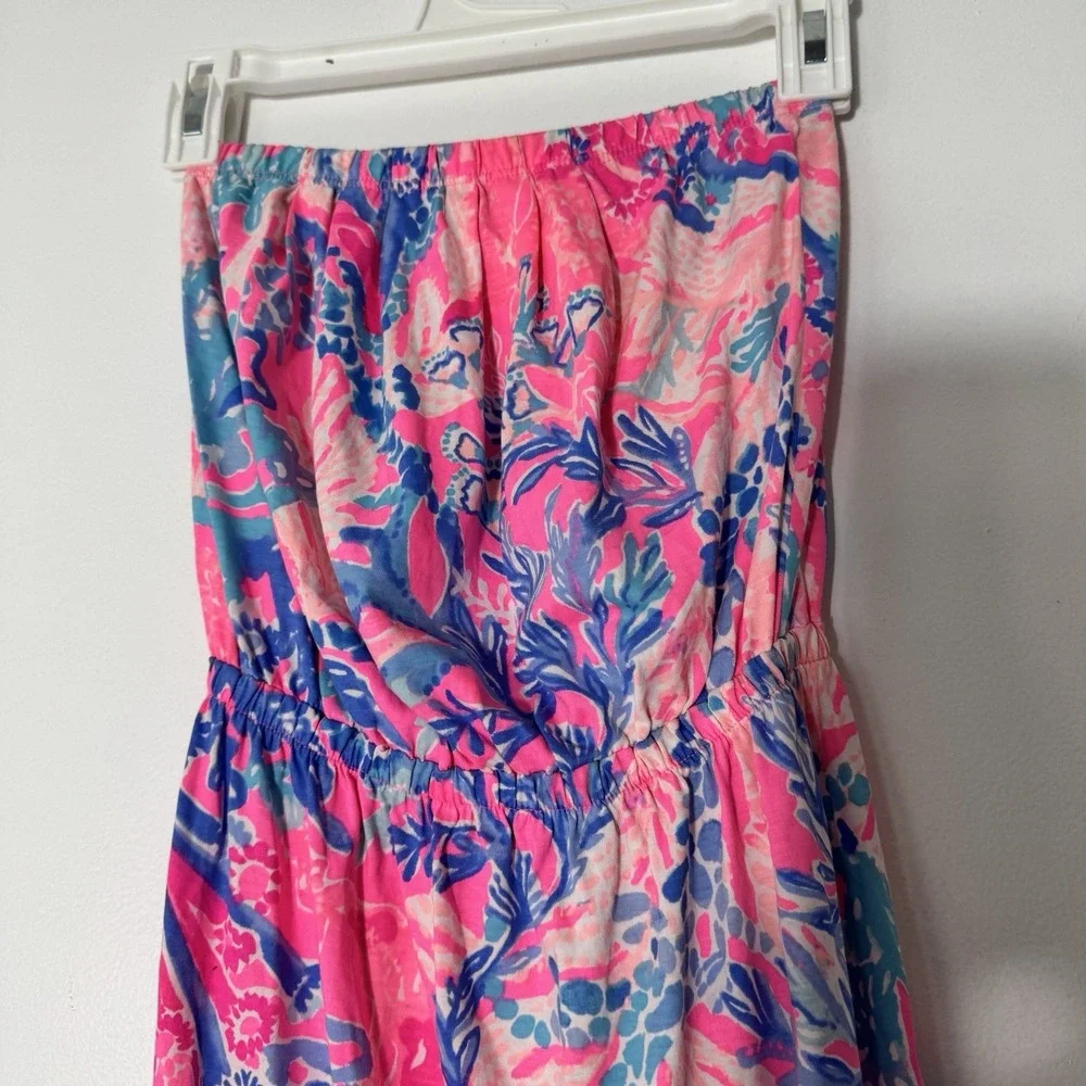 Lilly Pulitzer Strapless Dress Womens Xxs  Pink Blue Floral Pima Cotton Beach - Picture 2 of 9